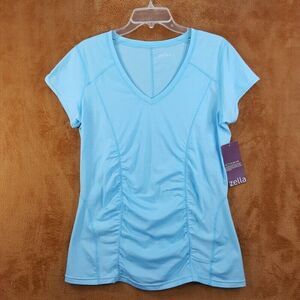 ZELLA Womans Top XL Blue Pullover VNeck Ruched Stretch Knit Athleisure Casual